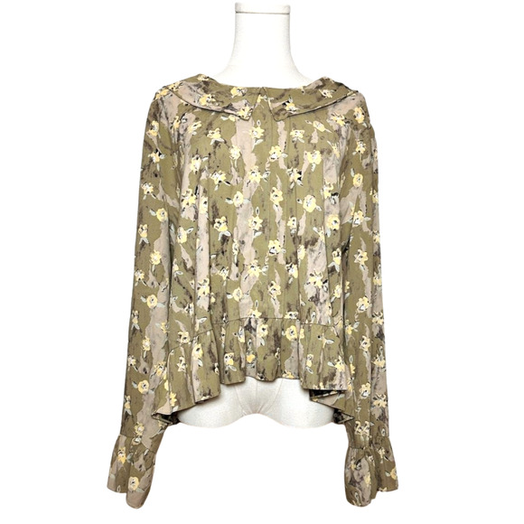 FLAX Brand Green Watercolor Floral Collared Bell Sleeve Peplum Boho Top Large - Picture 1 of 9